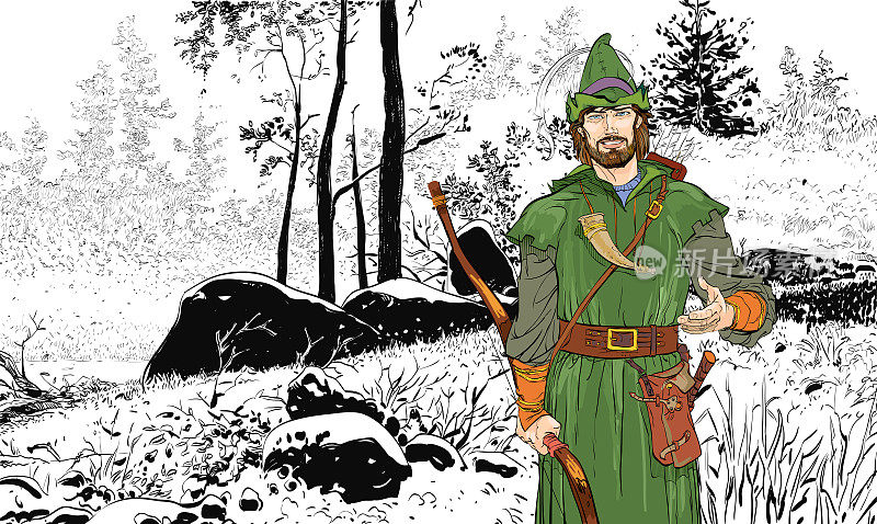 Robin Hood in a hat with feather. Defender of weak. Medieval legends. Heroes of medieval legends. Halftone background.